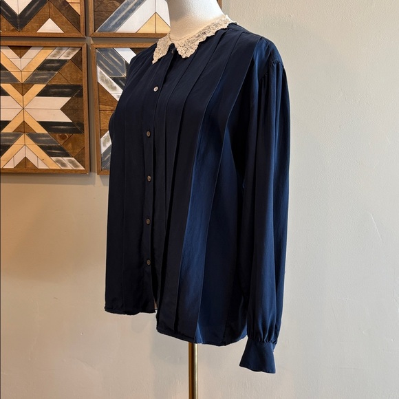 Vintage Ralph Lauren Navy Pleated Button Down Shirt with Lace Collar - Picture 5 of 13